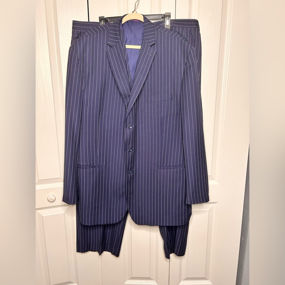 Vinci Men’s 3 Piece Pinstripe Suit Dark Blue Purple White Blazer 50L Pants 45L